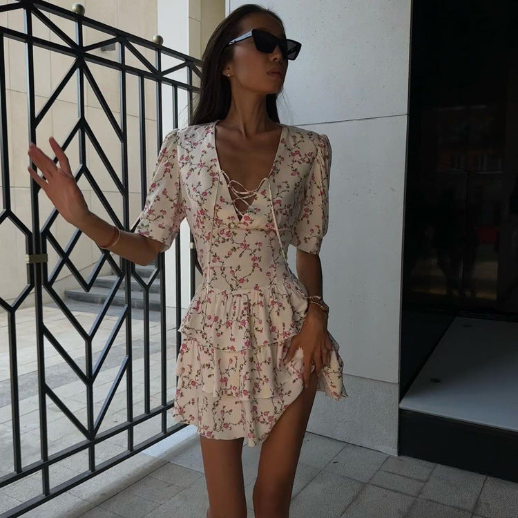 Floral Lace-Up Ruffle Dress