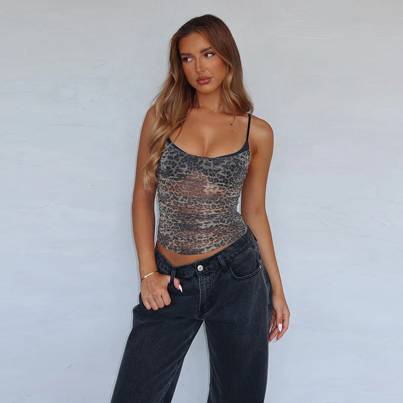 Women's Summer Sexy Mesh Leopard Print Faux Two Pieces Spaghetti Strap Camisole Top