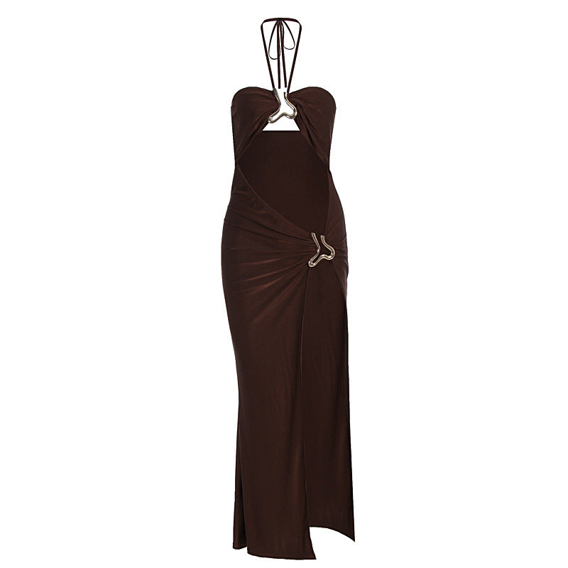 Halter Lace-Up Cutout Slit Maxi Dress