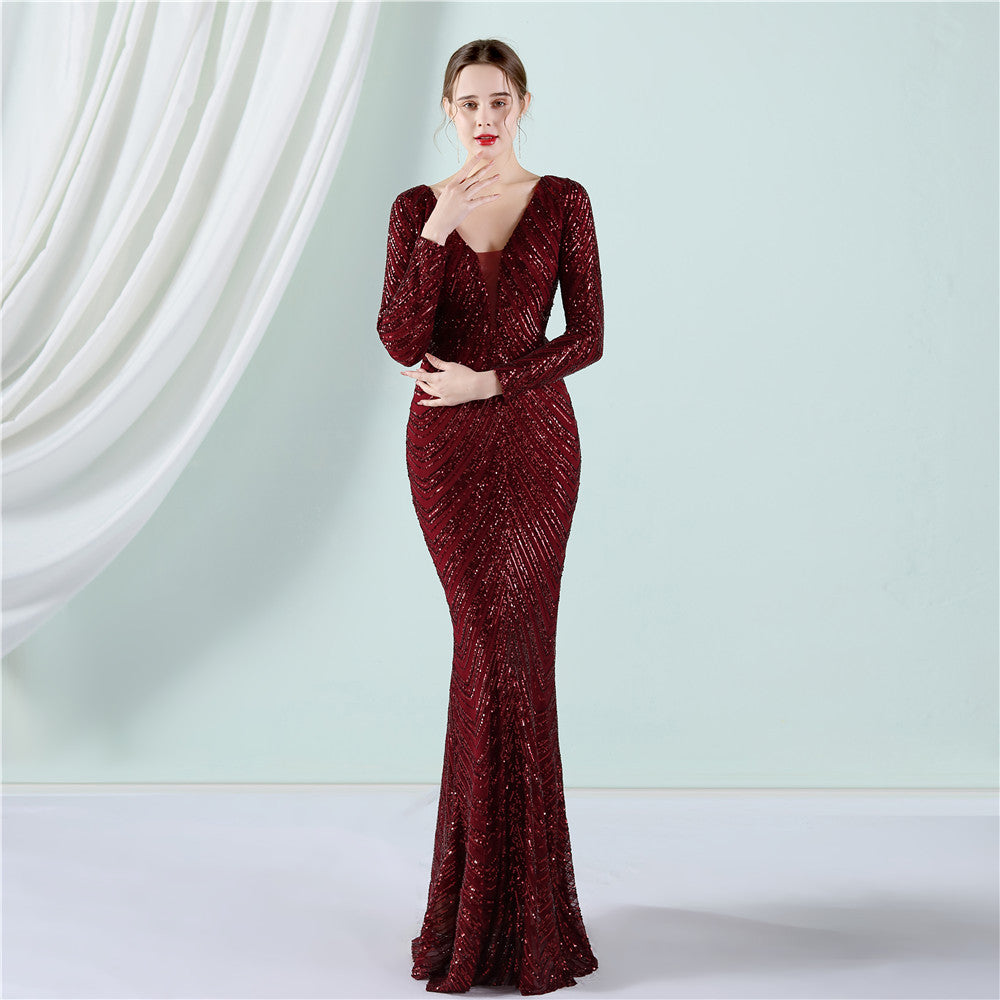 Women's Floral Sequin Evening Dress Banquet Elegant Long Sleeve Sequin Queen