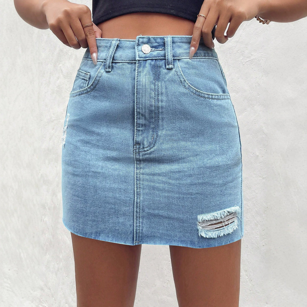 Ripped Stretch Women Sheath Denim Skirt