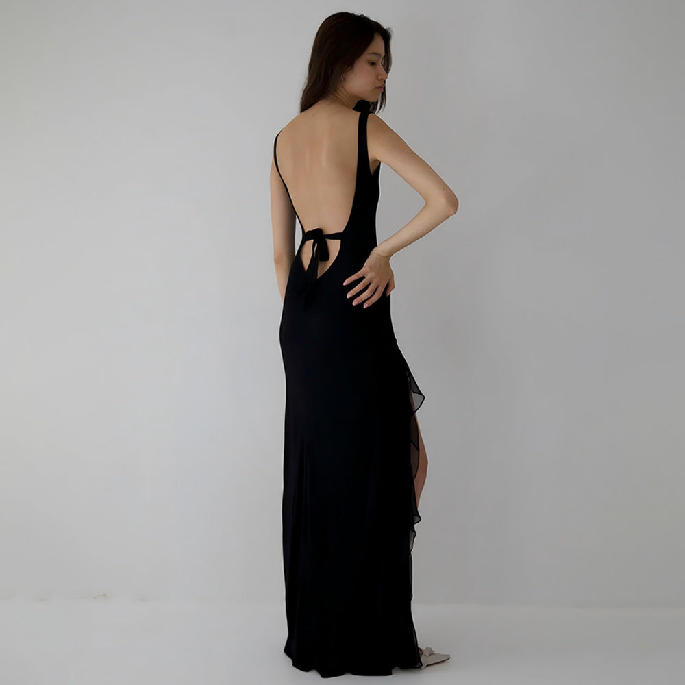 Women's Backless Ruffled High Slit Bodycon Maxi Dress
