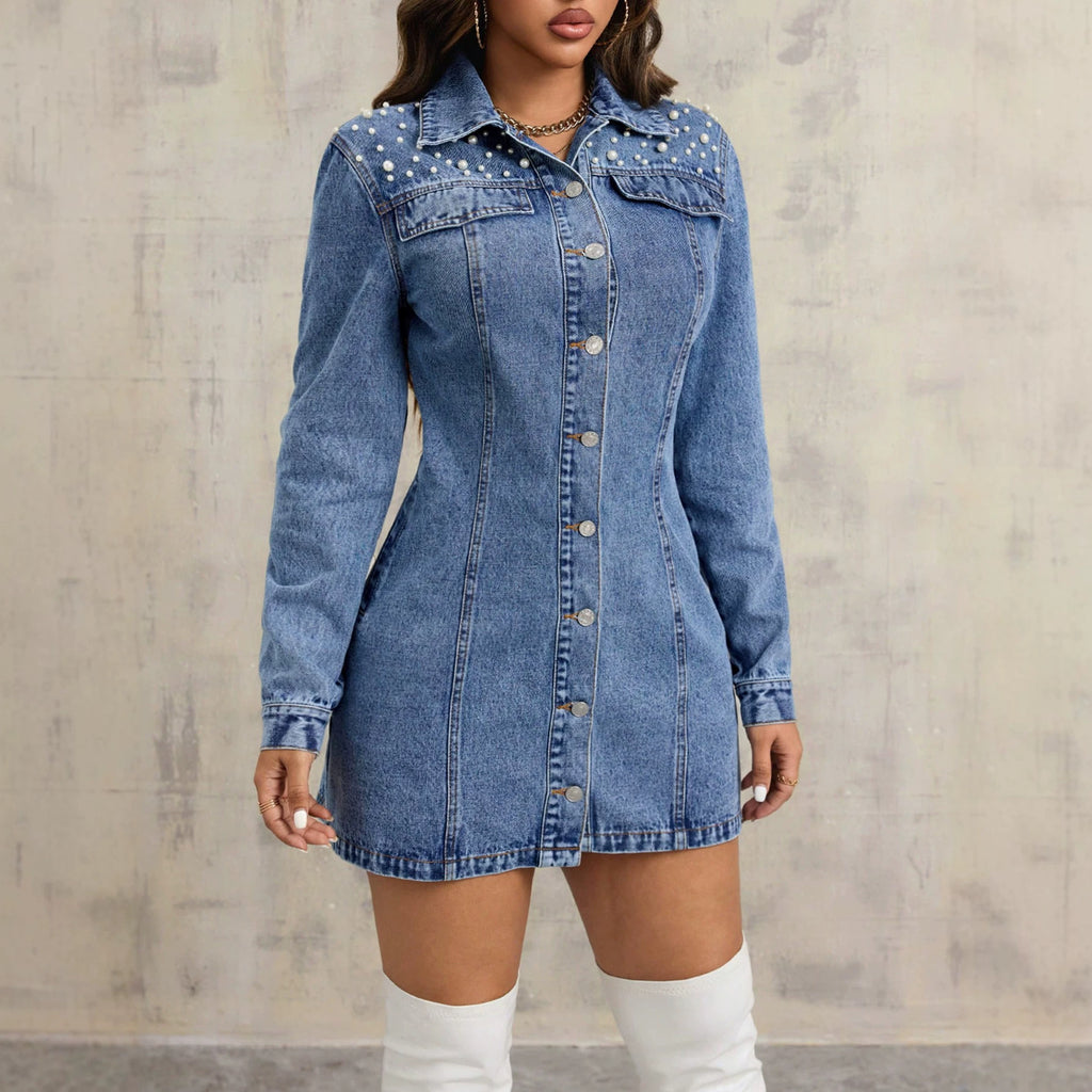 Blue long-sleeve denim dress with button-front and pointed collar