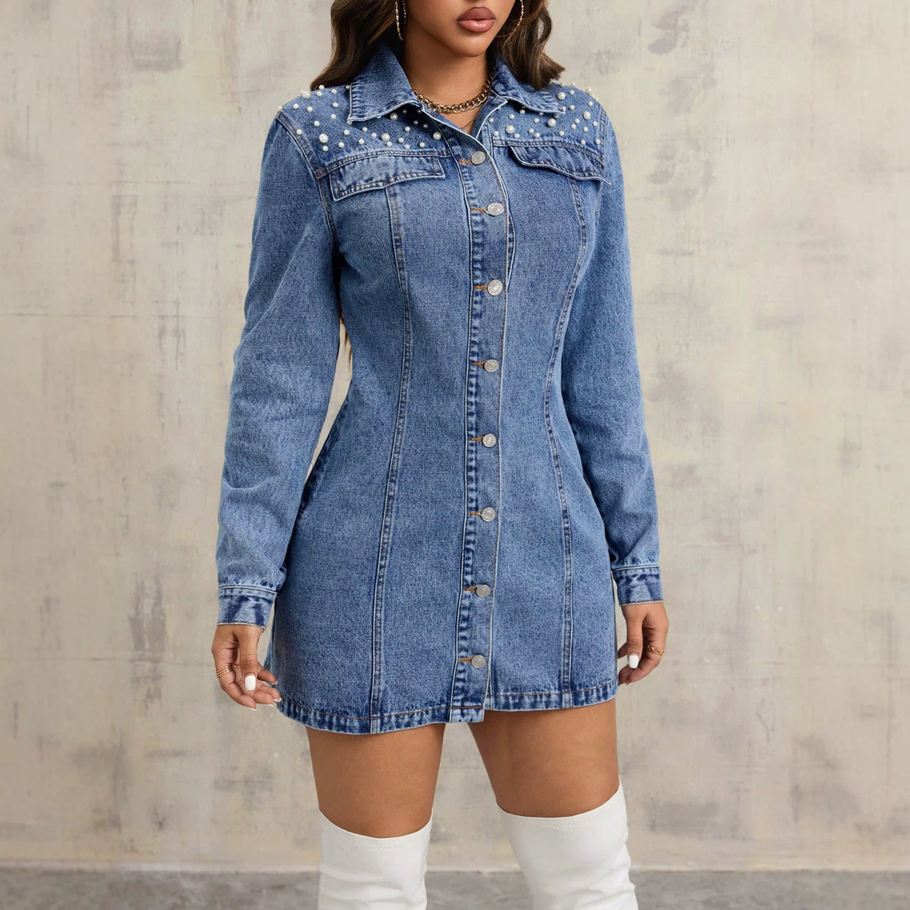 Blue long-sleeve denim dress with button-front and pointed collar