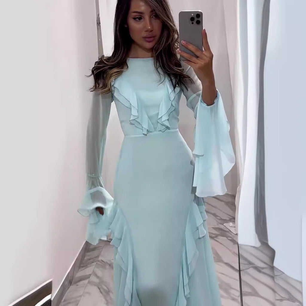Summer Solid Color Mesh Cutout Off-Neck Show Delicate Dress