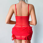 Floral Decoration See through Tulle Waist Shrinking Wrinkle Skirt Body Shaping Sexy Night Skirt Set