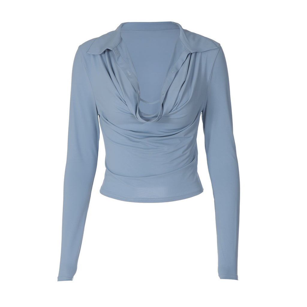 French Design Polo Collar Solid Color Long Sleeved T shirt for Women Autumn Slim Fit Slim Fit Top