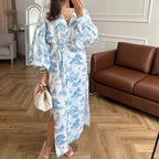 Vintage Ink Print Long-Sleeved Cardigan Tied Dress