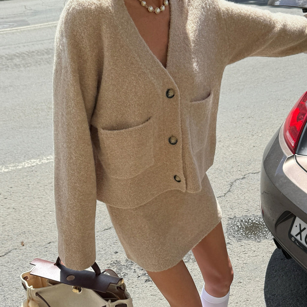 Women's Autumn Winter Solid Color Jacket and Skirt Two-Piece Set