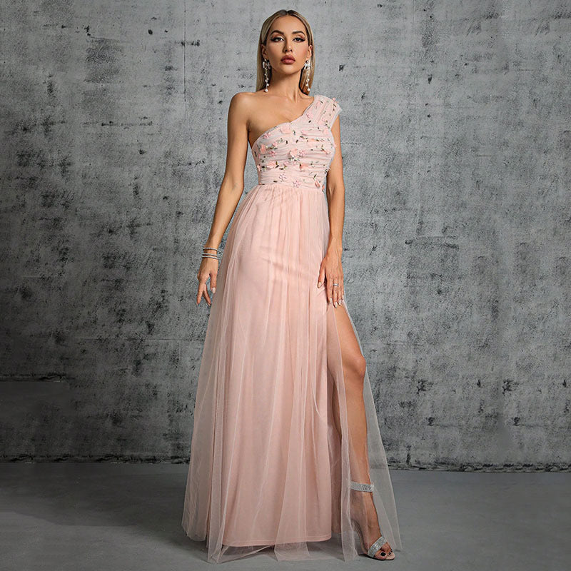 Women's One-Shoulder Embroidered Split Evening Dress