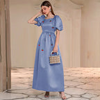 Women's Blue Square Neck Puff Sleeve A Line Dress