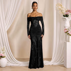 Women's Autumn Elegant Lace Stitching Off Shoulder Long Sleeve Narrow Dress Maxi Dress Women Evening Dress