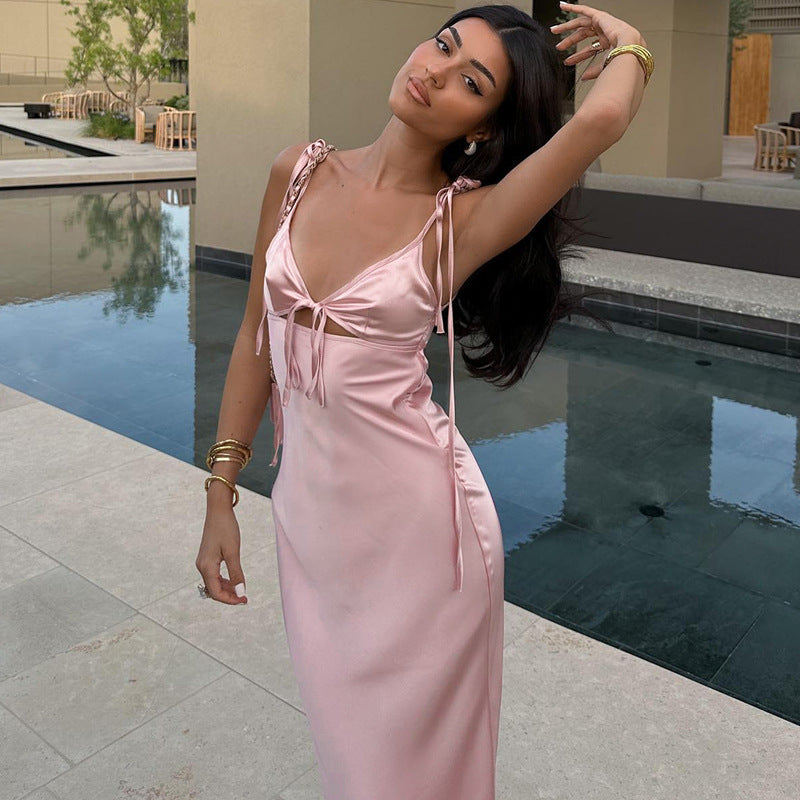 Summer V neck Lace Strap Satin Dress Sleeveless Self Tie Dress Women