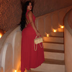 Cocktail Waist A line Dress High Collar Solid Color Maxi Dress