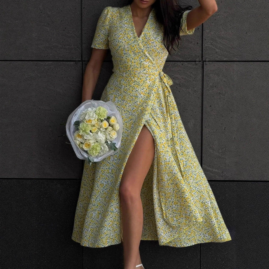 Women's Floral V-Neck Ruched Midi Dress