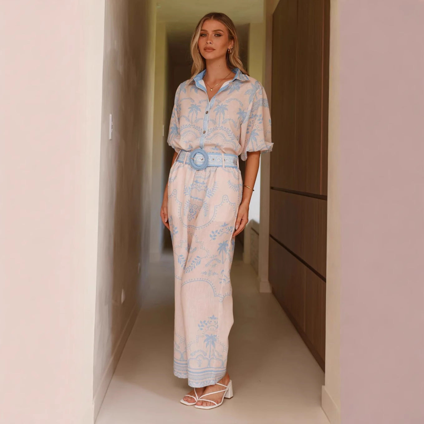 Casual Linen Short Sleeve Belt Slimming Set