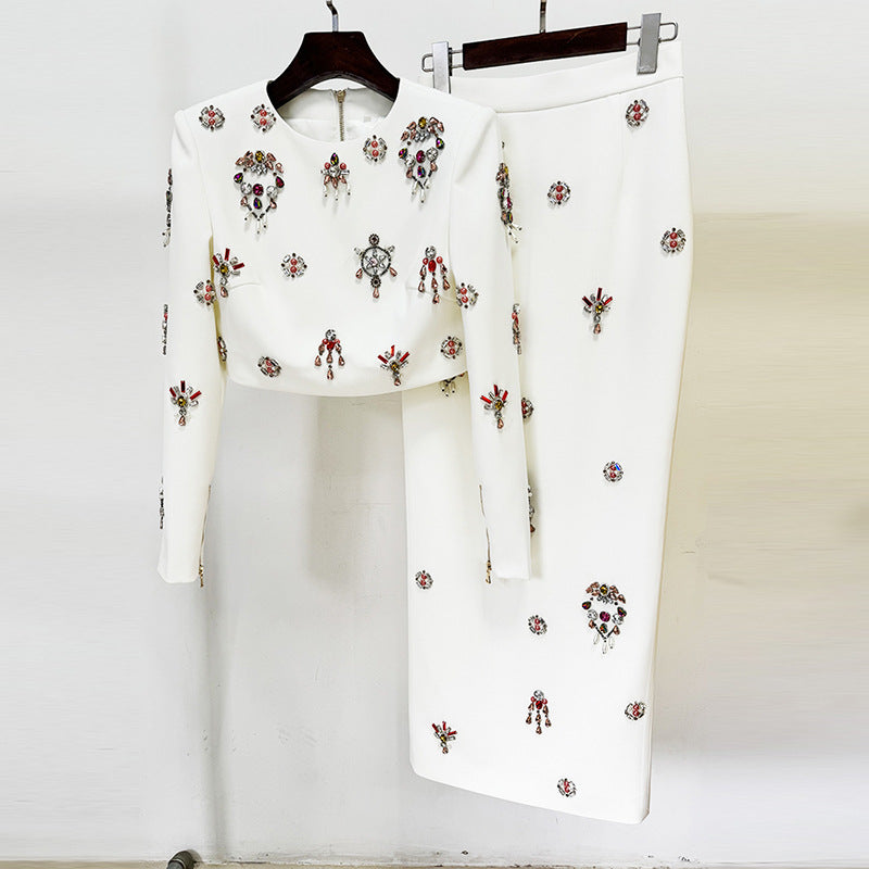 Women's Heavy Industry Beads Diamond Top and Skirt Two-Piece Set