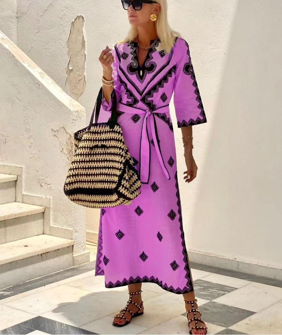 Printed Belted Bohemian Dress