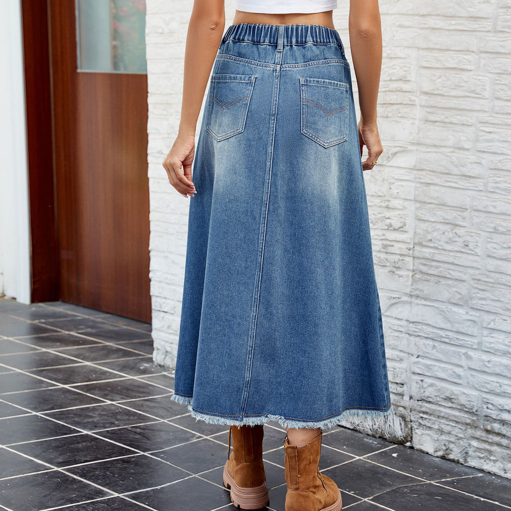 Spring Summer Washed Frayed Hem Denim Midi Skirt