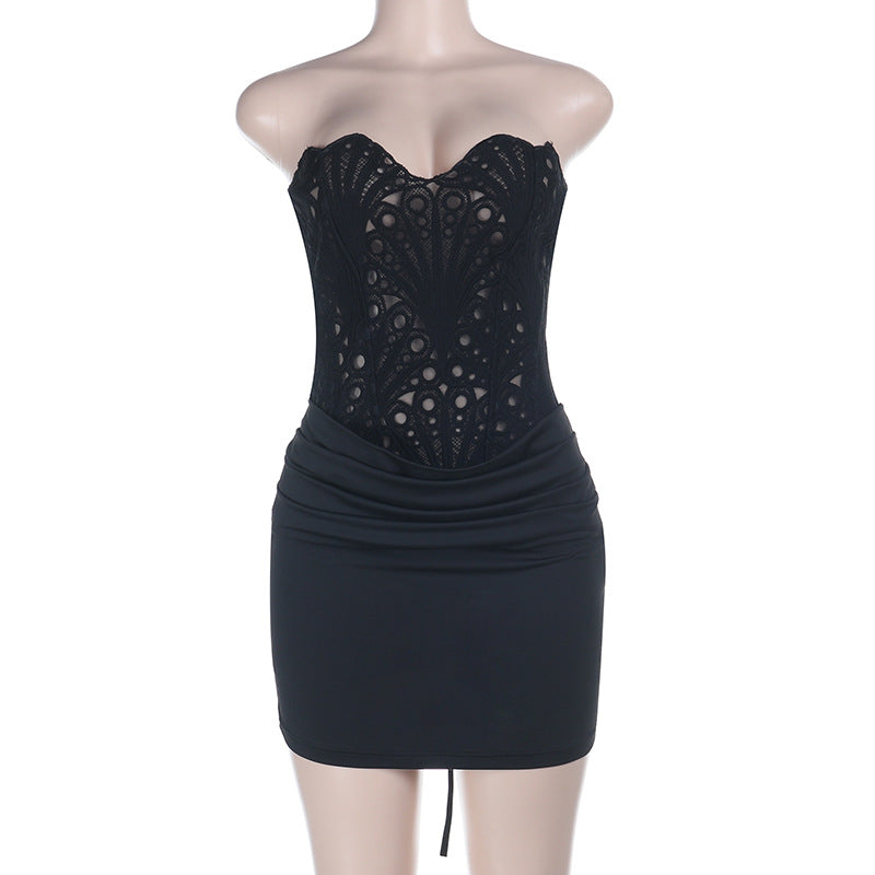 Black strapless lace mini dress with corset bodice and ruched skirt on mannequin