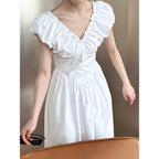 French Fitted Waist Backless V-Neck Dress Elegant Sleeveless Pleated