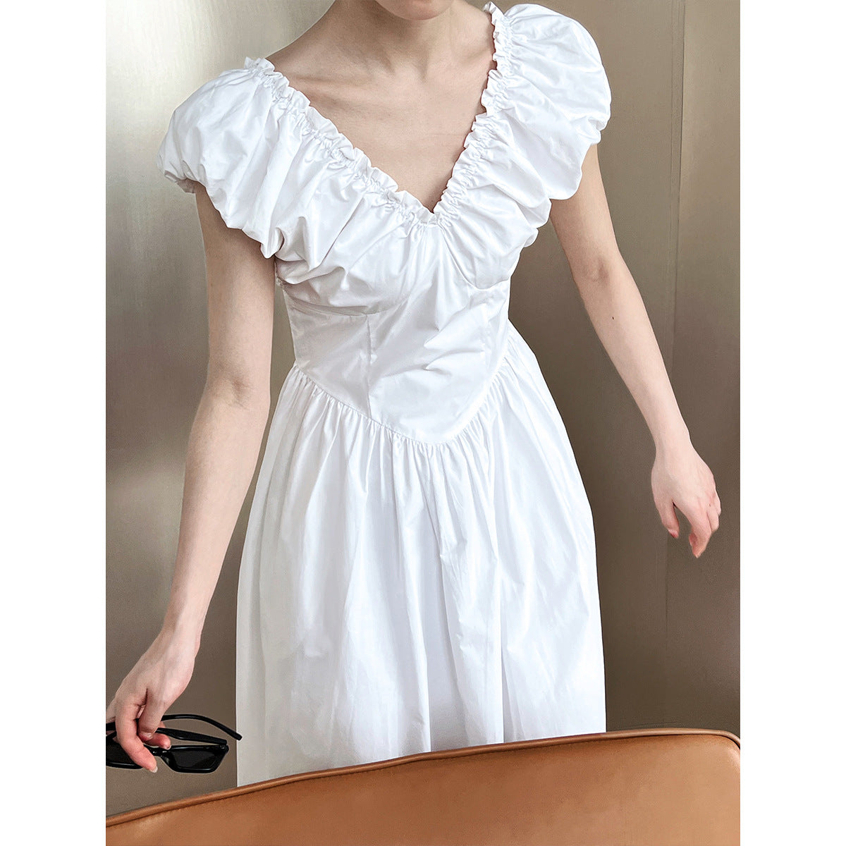 French Fitted Waist Backless V-Neck Dress Elegant Sleeveless Pleated