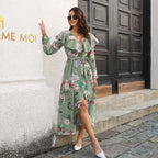 Collar Lantern Sleeve Long-Sleeve Floral Wrap Split Expansion Maxi