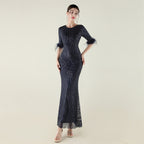 Women's Positioning Floral Sequin Craft Order Ostrich Feather Decorative Evening Dress Long Sleeve Fishtail Cinched Peplum