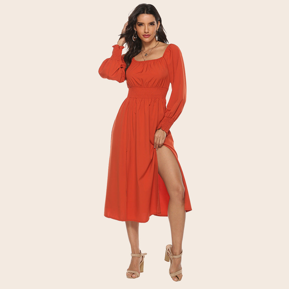 Women's Spring Autumn Square Collar Slimming Waist Women Dress Split Long-Sleeved Dress