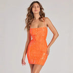 Women's Dress Spring Summer Sexy Sequin Sling Orange Sheath Short Evening Dress Women Clothing