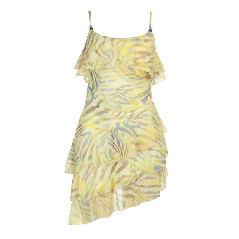 Vacation Casual Personalized Spaghetti-Strap Floral-Print Ruffled