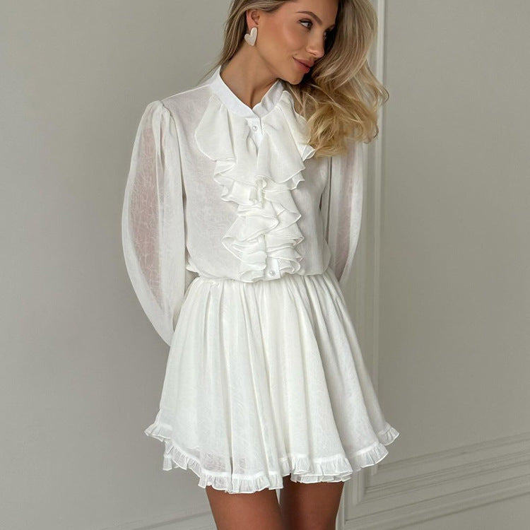 Short Dress Ruffled Stand Collar Long Sleeve