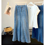 Women's High-Waist Denim Fishtail Maxi Skirt
