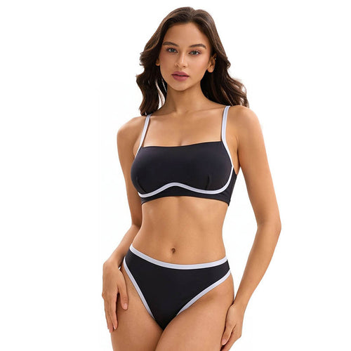 Navy blue bikini with bandeau top and high-waist briefs, white contrast trim