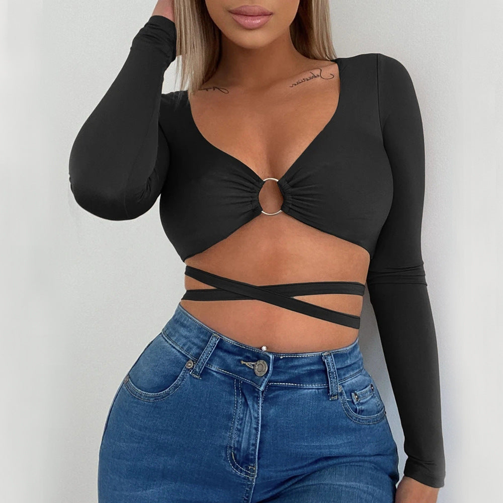 Women's Lace-Up Hollow Out Cutout V-Neck Long Sleeve T-Shirt
