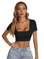 Women's Women Clothing Summer New Square Collar Cropped T-Shirt Sexy Slim Street Short Sleeve