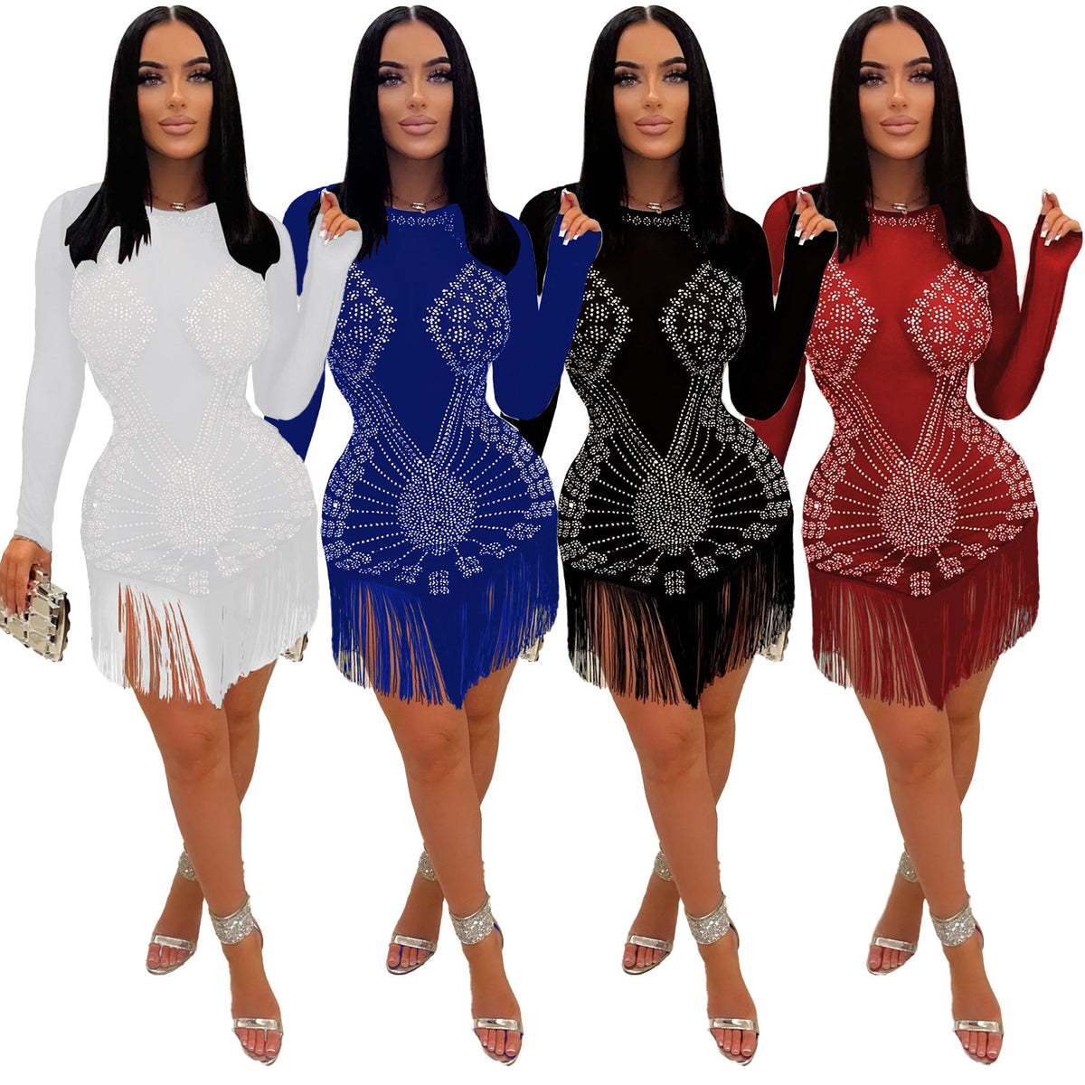 Women's Rhinestone Fringe Long Sleeve Party Dress