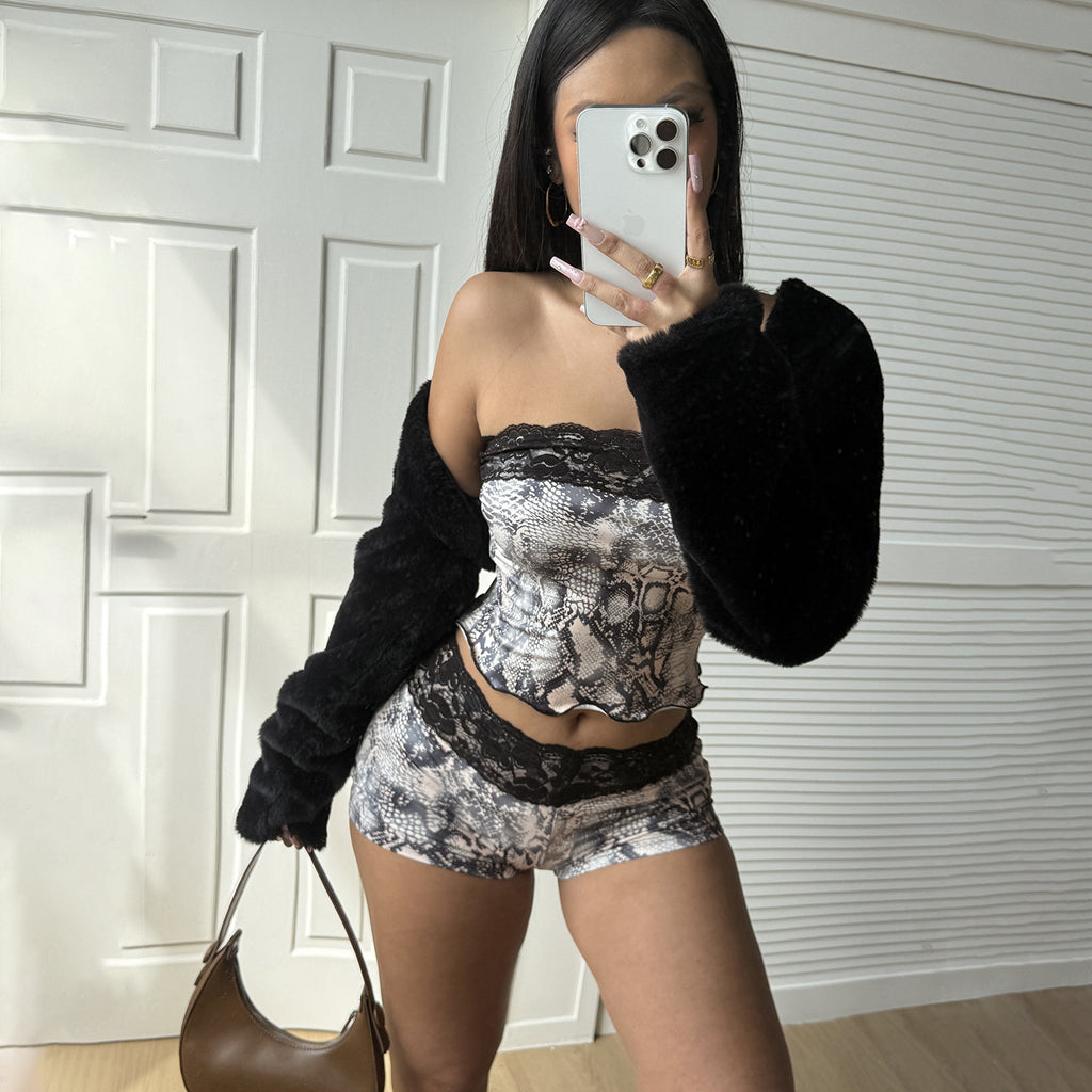 Women's Animal Print Two Piece Set Lace Slim Fit Patchwork Tube Top