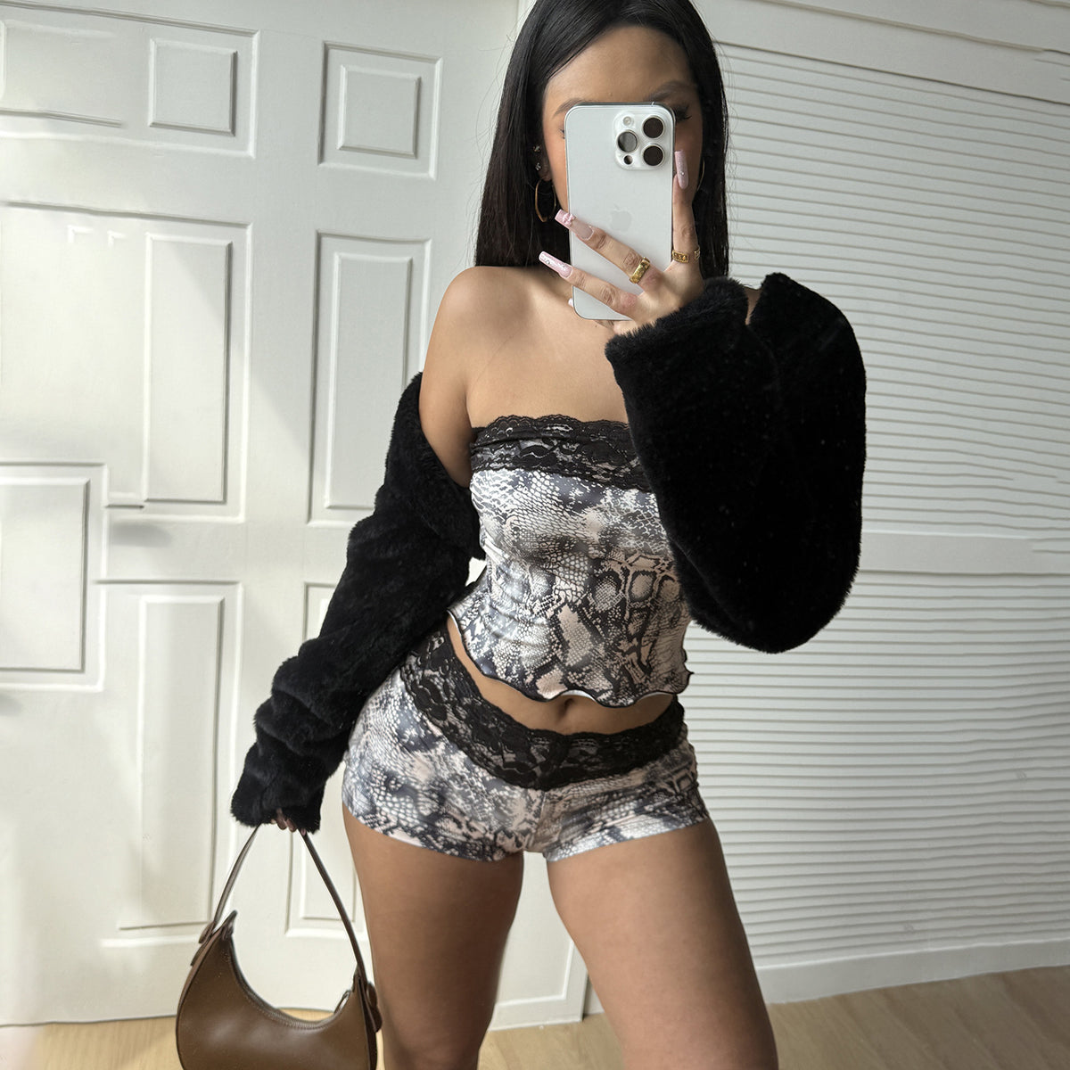 Women's Animal Print Two Piece Set Lace Slim Fit Patchwork Tube Top