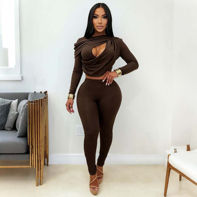 Hollow-Out Top and Trousers Two-Piece Set