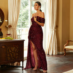 Women's Off-Neck Long Sequined Banquet Fishtail Small Trailing Dress