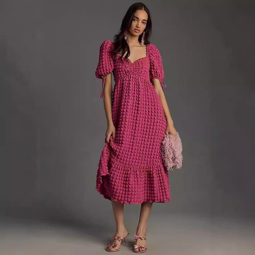 Bubble Sleeve Women Elegant Dress Long Short Sleeve French Tied Vacation Dress