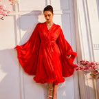 Satin Feather-Cuff Long Robe