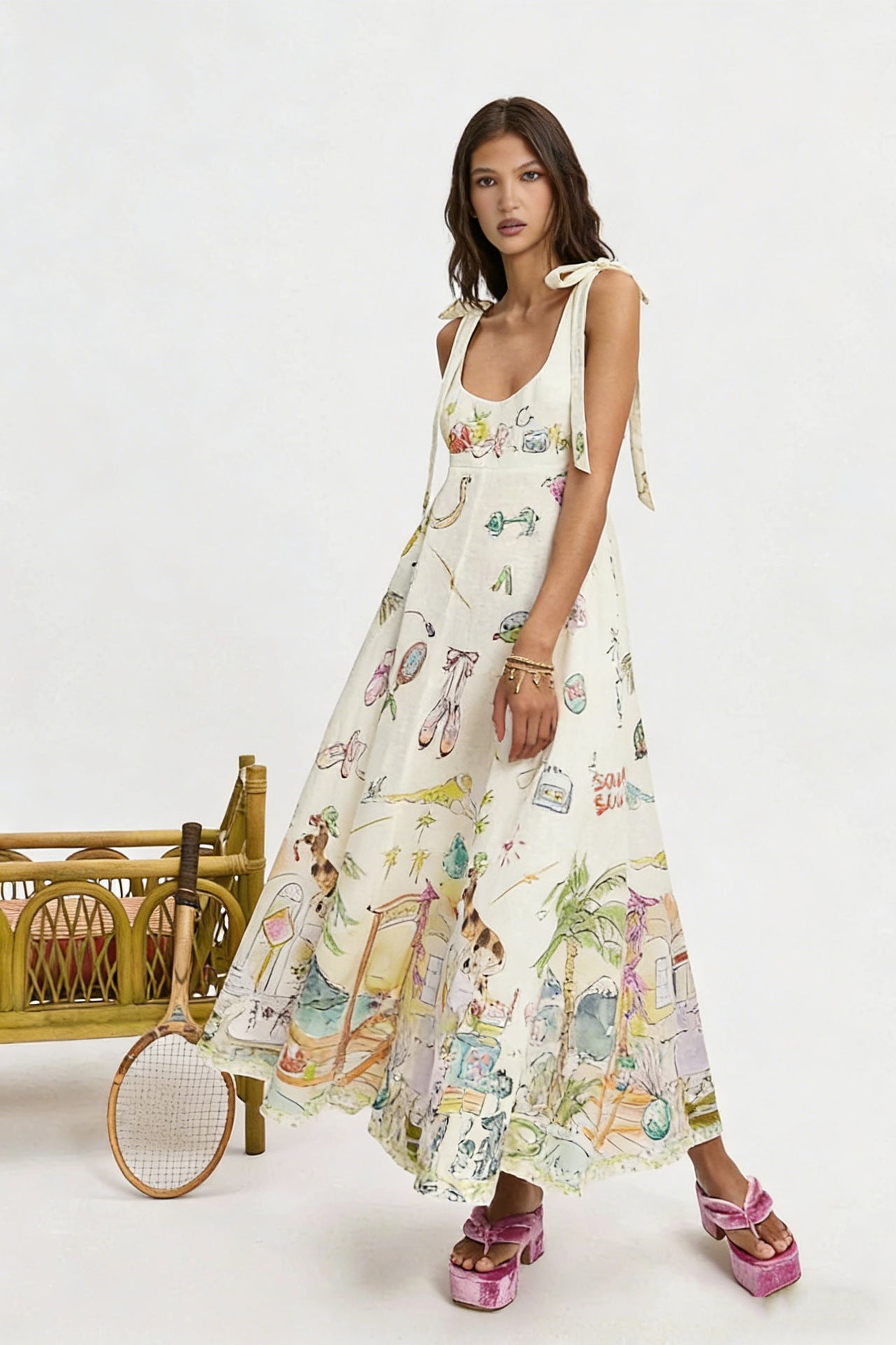 Women's sleeveless printed maxi dress, off-white with colorful graphics, bow-tie shoulder straps