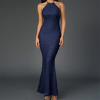 Women's Sequin Mesh Halter Backless Fishtail Maxi Dress
