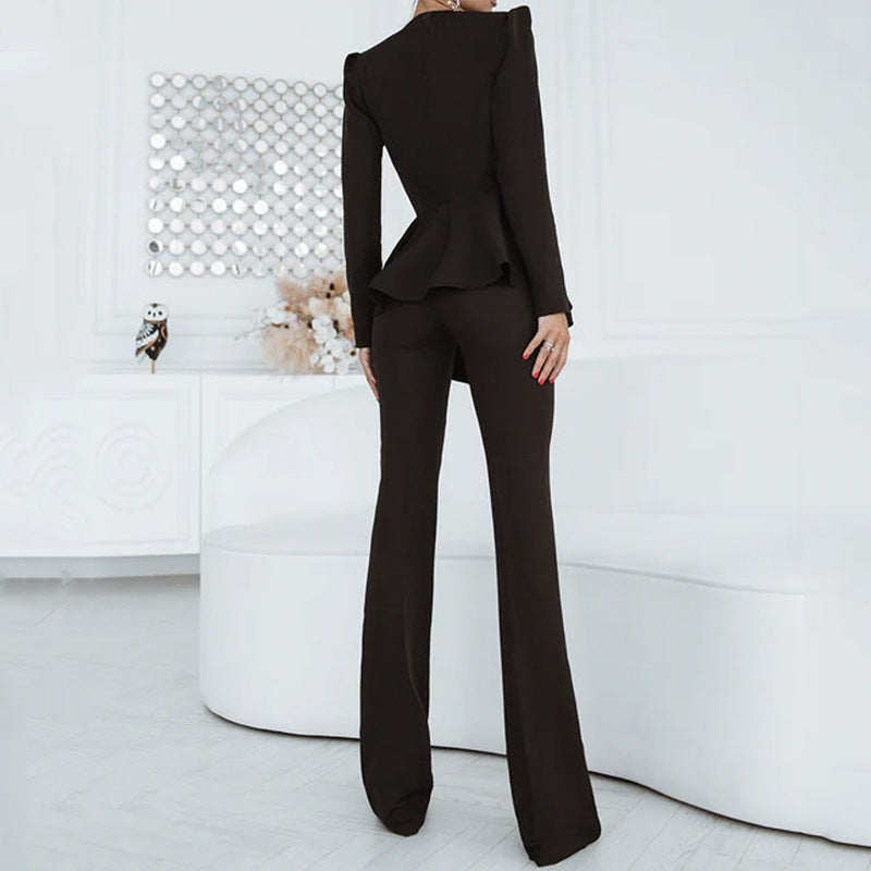 Solid Color Blazer Top Straight Pants Two-Piece Set