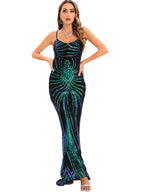 Women's Sequin Cutout V-Neck Cami Evening Maxi Dress