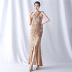 Women's Handmade Beaded Velvet Bottom Sequin Dinner Wedding Evening Dress