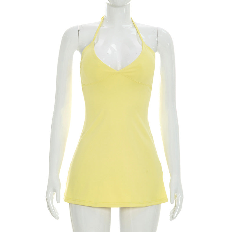 Yellow sleeveless V-neck mini dress on mannequin