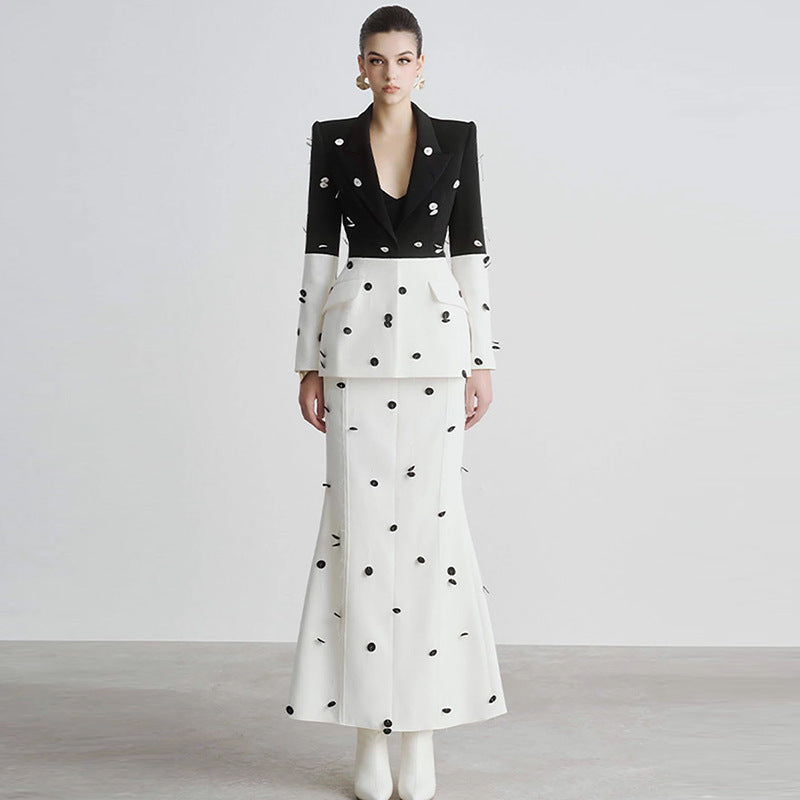 Women's Star Sequ Beaded Color Blazer and Skirt Two-Piece Set